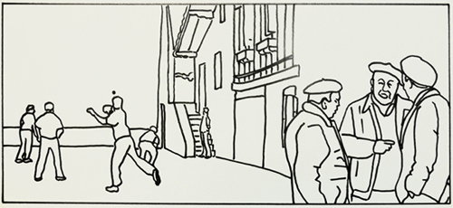 Dessin
                  personnages premier plan avec scène de pelote à main
                  nue